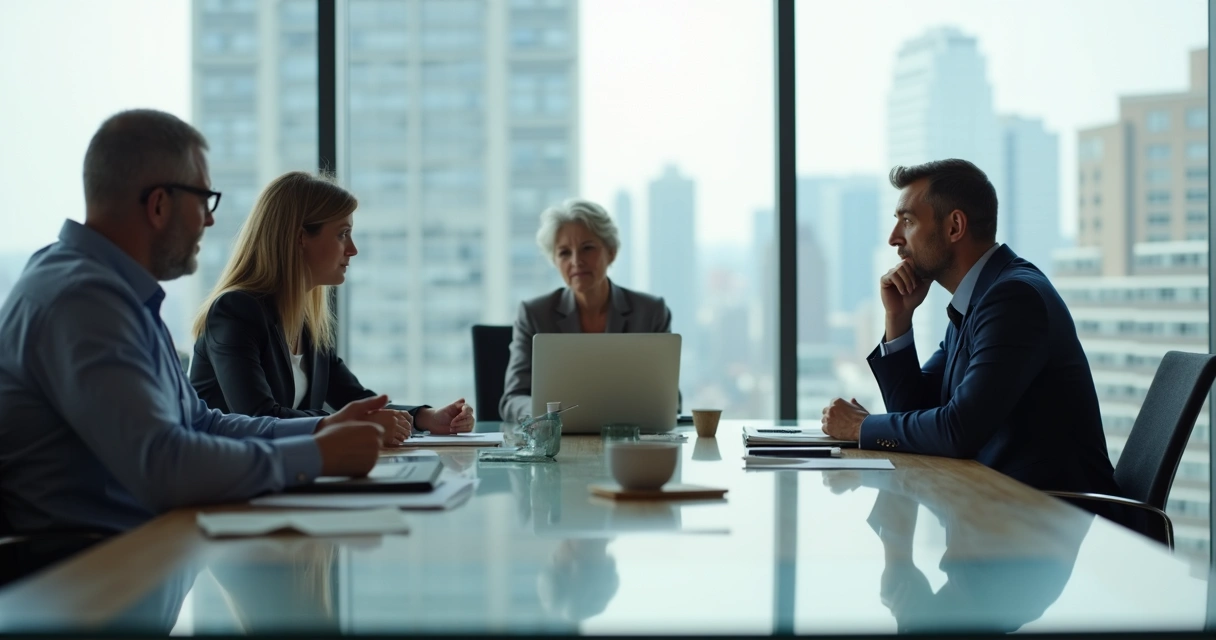 Reunião de equipe em escritório com colega isolado e detalhes visuais de tensão sutil 