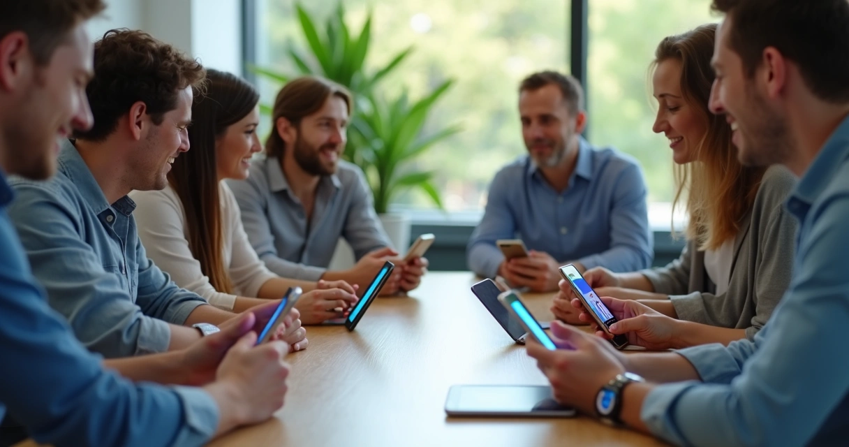 Equipe reunida diante de diversos dispositivos mostrando mídias sociais 