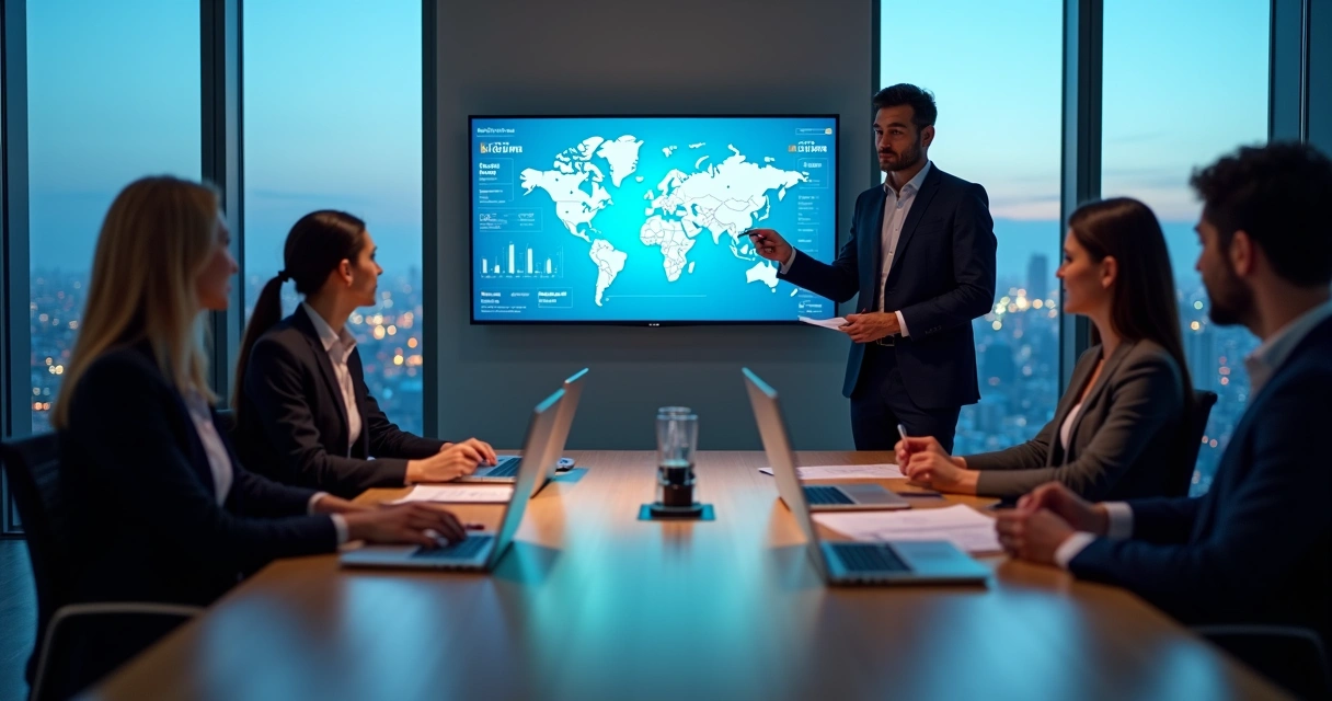 Equipe em reunião analisando painel com viagem corporativa e milhas 