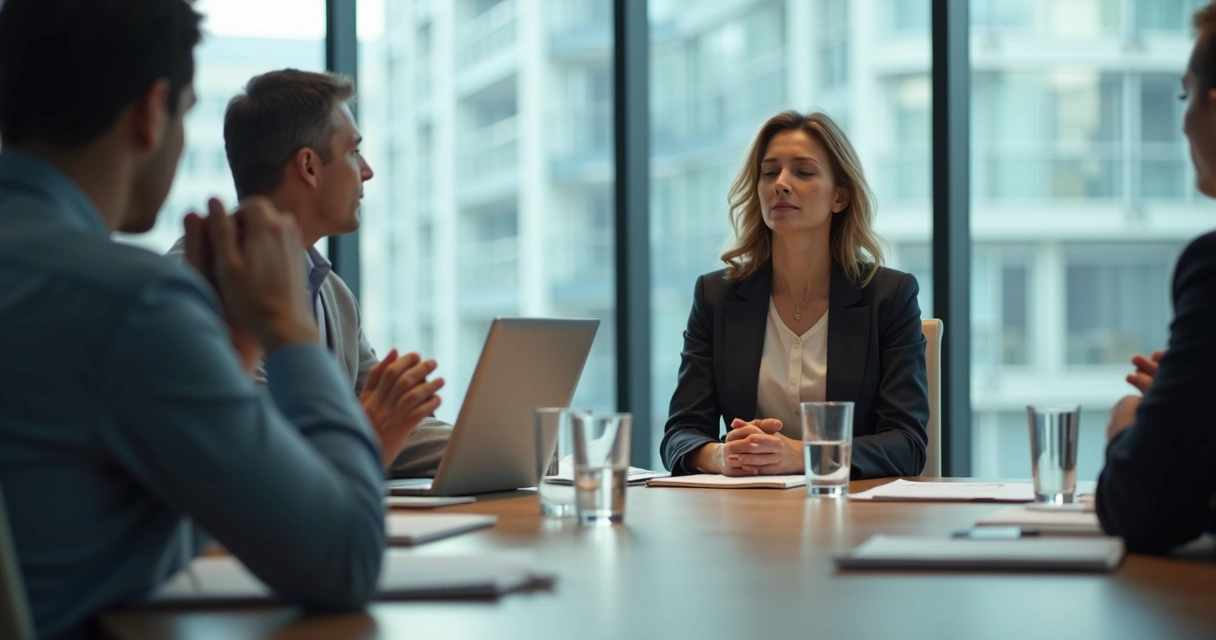 Profissional respirando fundo em reunião tensa no escritório 