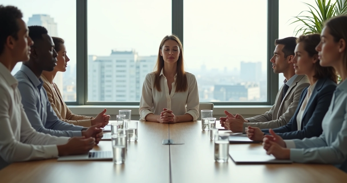 Equipe em reunião corporativa praticando mindfulness em sala moderna 