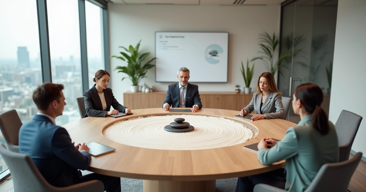 Equipe em reunião em volta de mesa redonda com centro de areia zen 