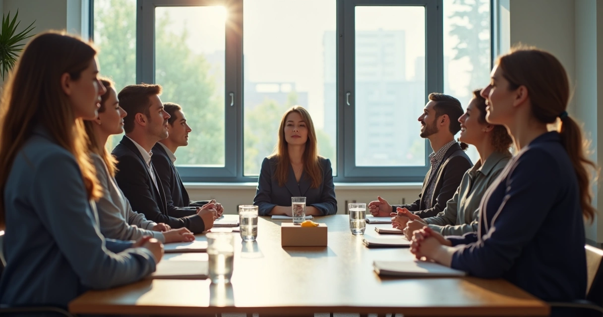 Grupo de pessoas sentadas em uma sala moderna participando de reunião consciente e atentos ao momento. 