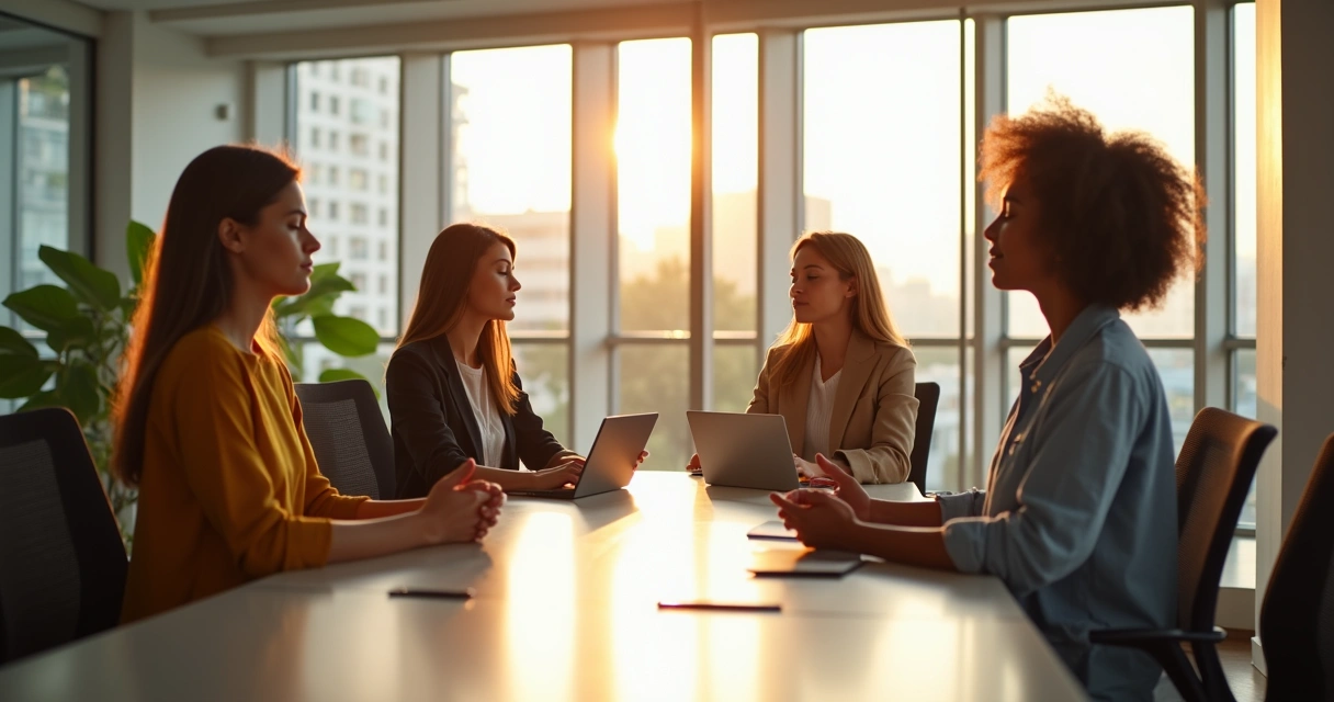 Grupo de quatro pessoas sentadas ao redor de uma mesa, todas com olhos fechados em silêncio, ambiente de escritório moderno 