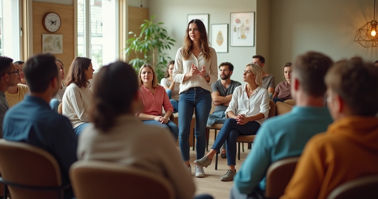 Facilitadora conduz grupo em círculo durante sessão de escuta atenta 