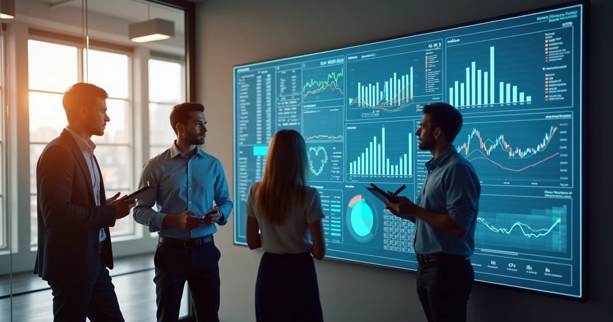 Equipe reunida em volta de dashboard digital