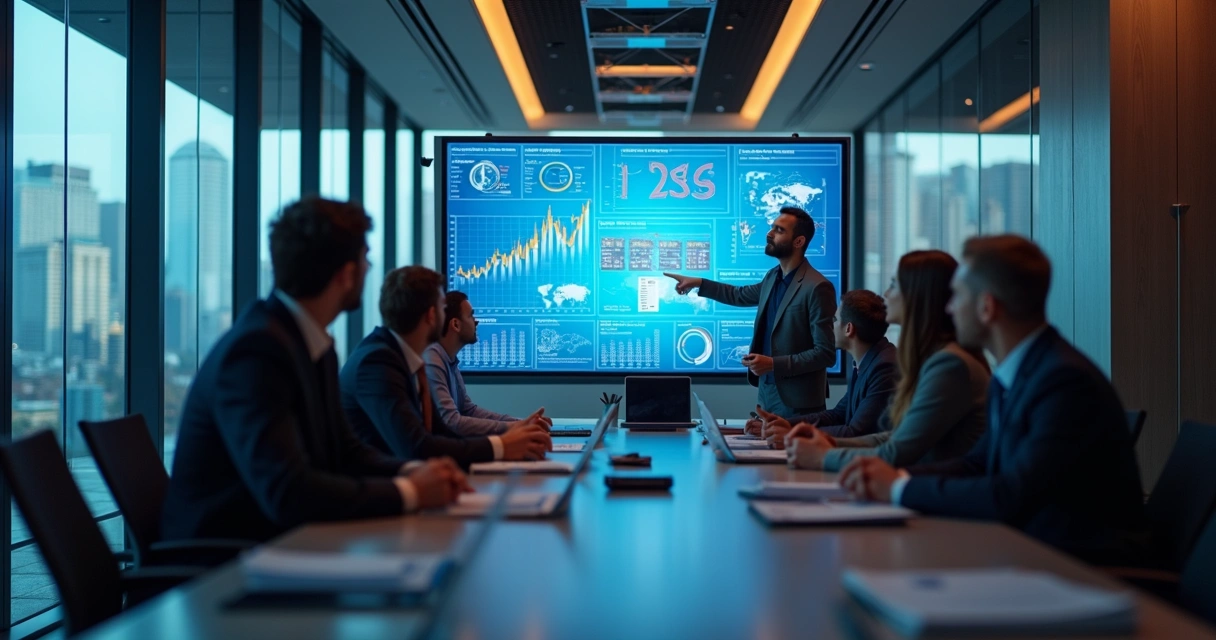 Equipe reunida revisando métricas de marketing em tela grande 