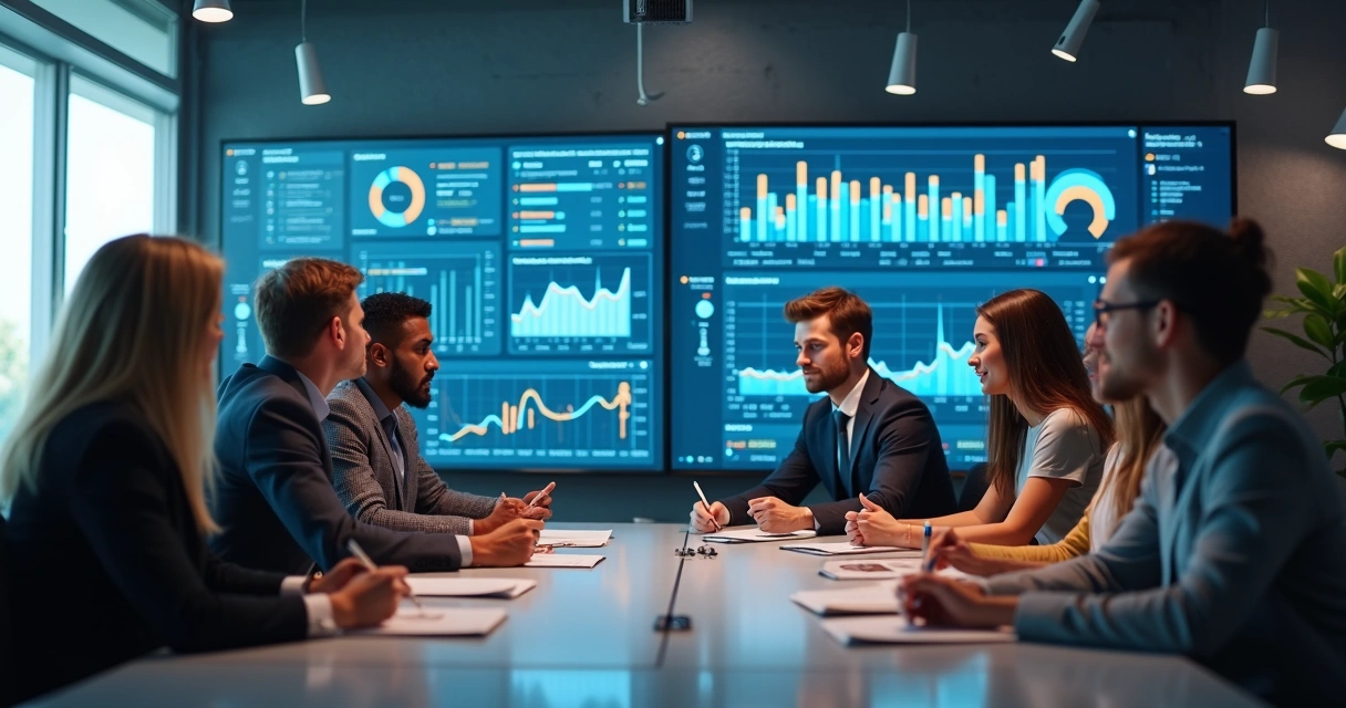 Reunião de equipe analisando processos em telas digitais