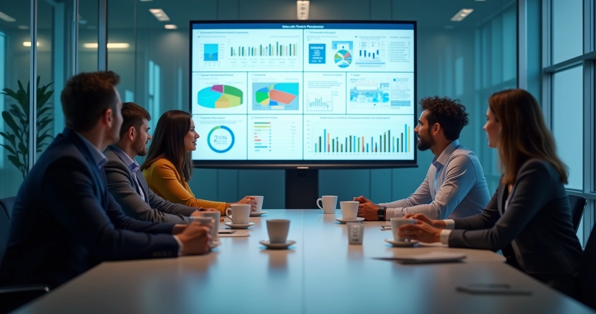 Equipe avaliando indicadores em dashboards em ambiente corporativo 