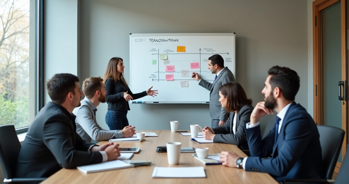 Equipe em reunião diante de quadro com mudanças 
