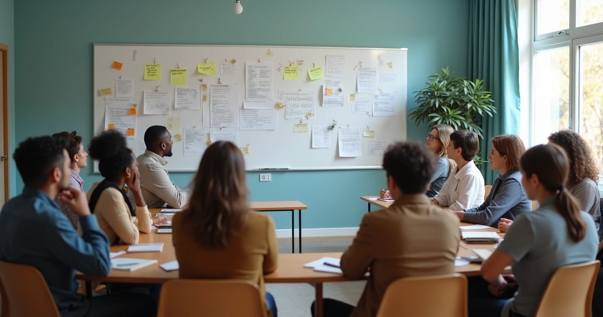 Grupo em reunião observando painel de mudanças sociais