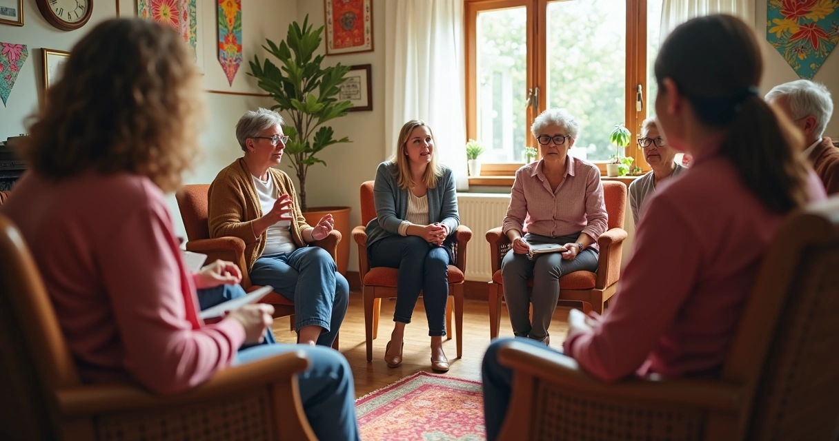 Mulheres de diferentes idades em círculo, debatendo em ambiente comunitário 