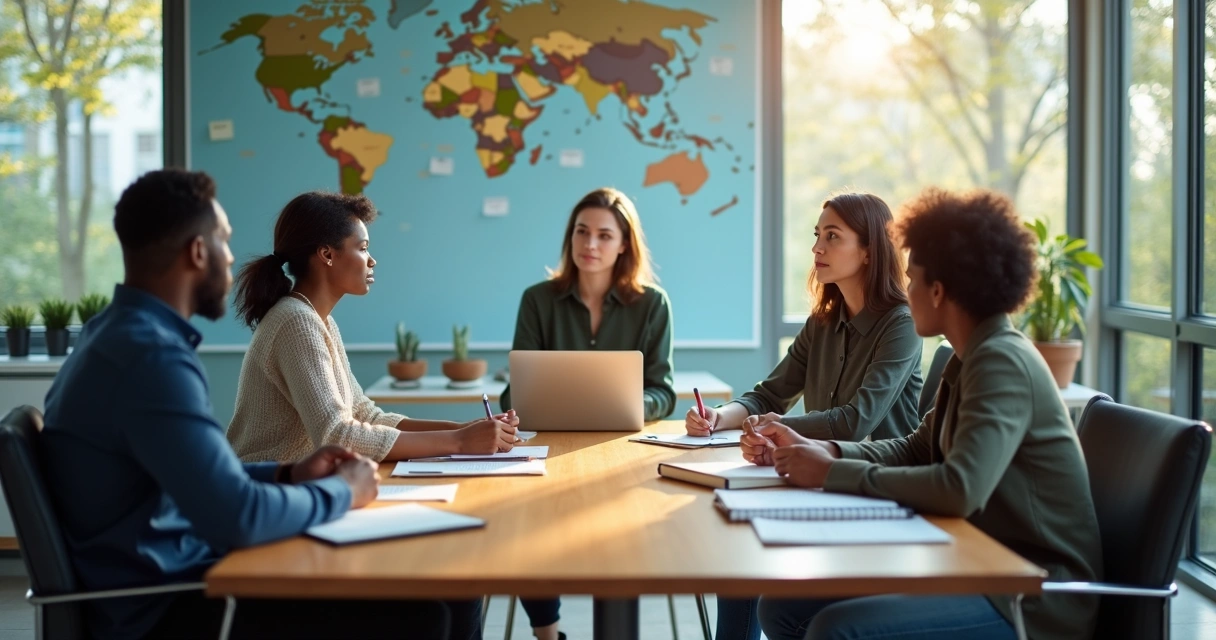 Equipe multicultural em reunião com mapas e anotações na parede 