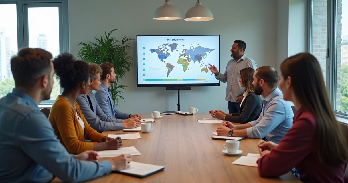 Equipe multicultural em reunião com mapas e gráficos na parede 