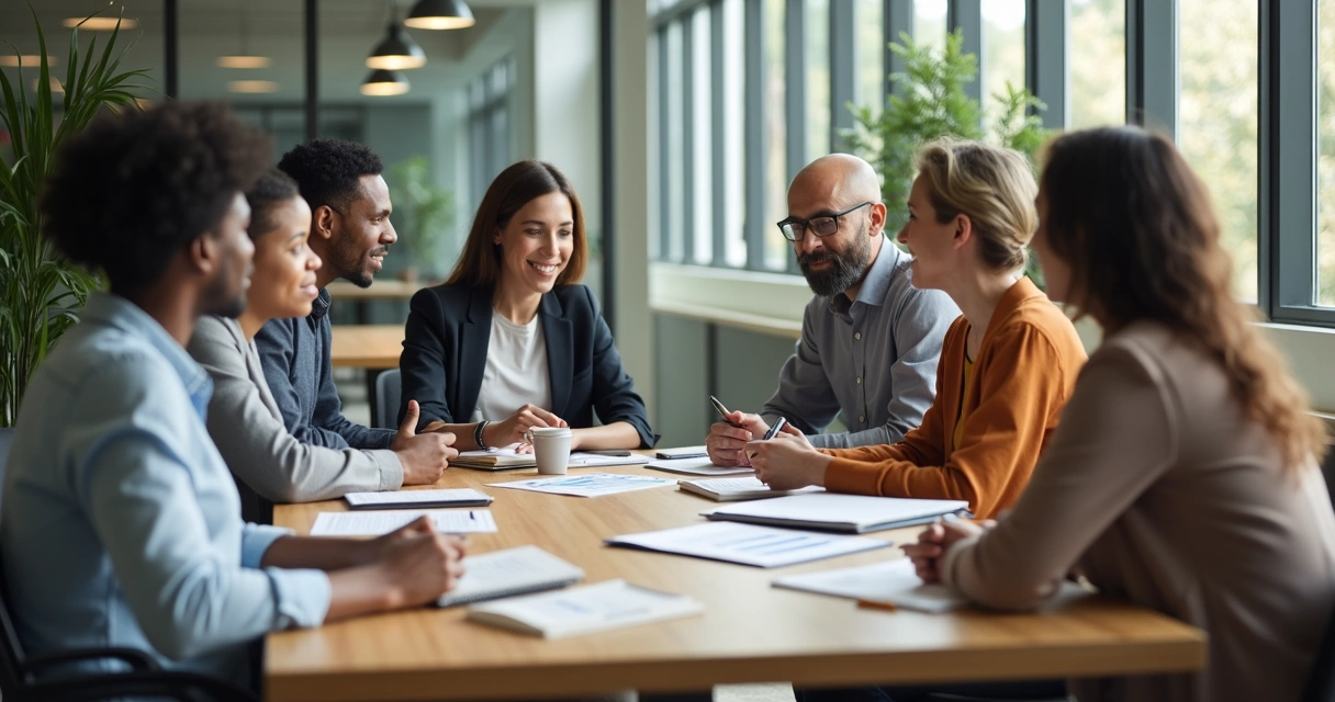 Equipe multicultural reunida em mesa de trabalho 