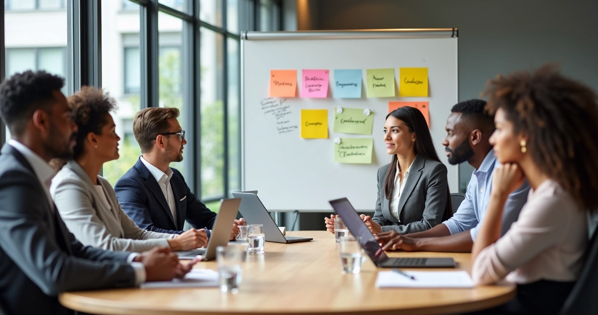Equipe multicultural em reunião definindo acordos de trabalho 