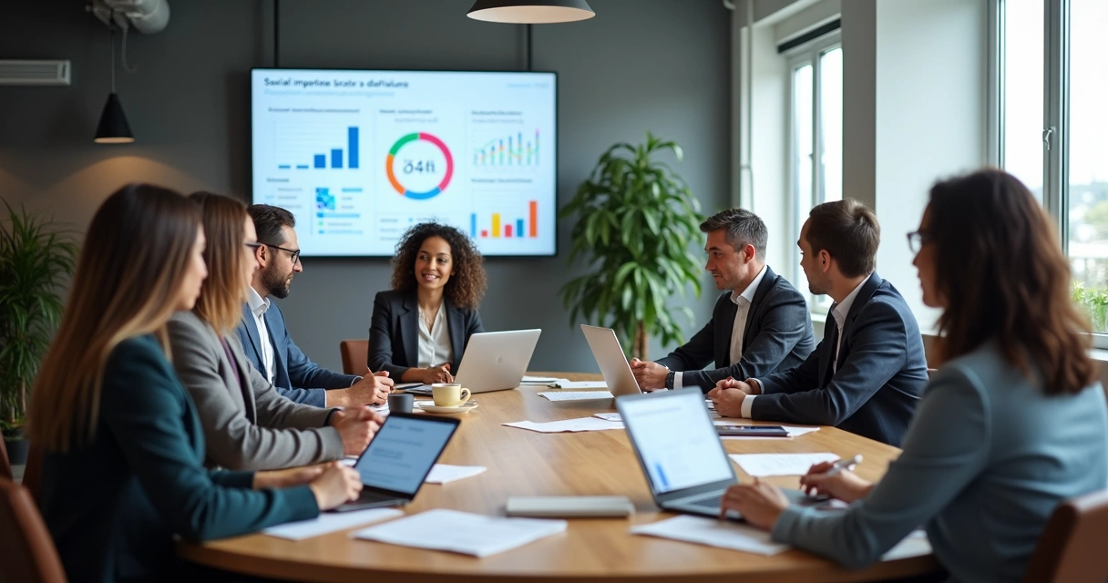 Pessoas em reunião discutindo avaliação de impacto social 