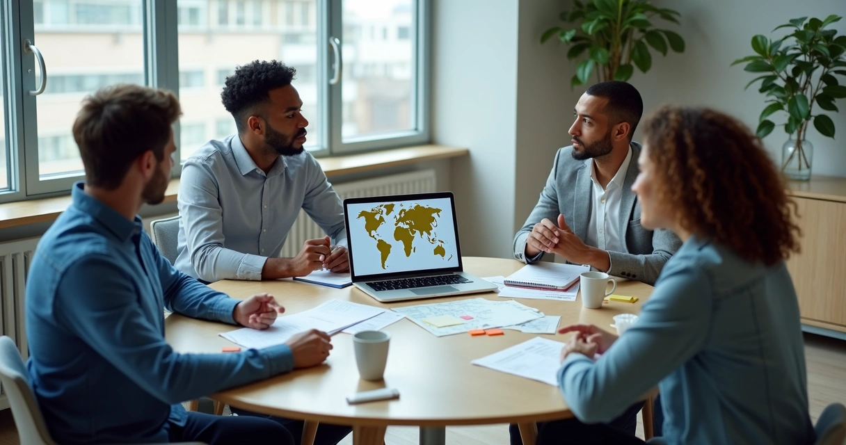 Profissionais em reunião multicultural com mapas e anotações de carreira