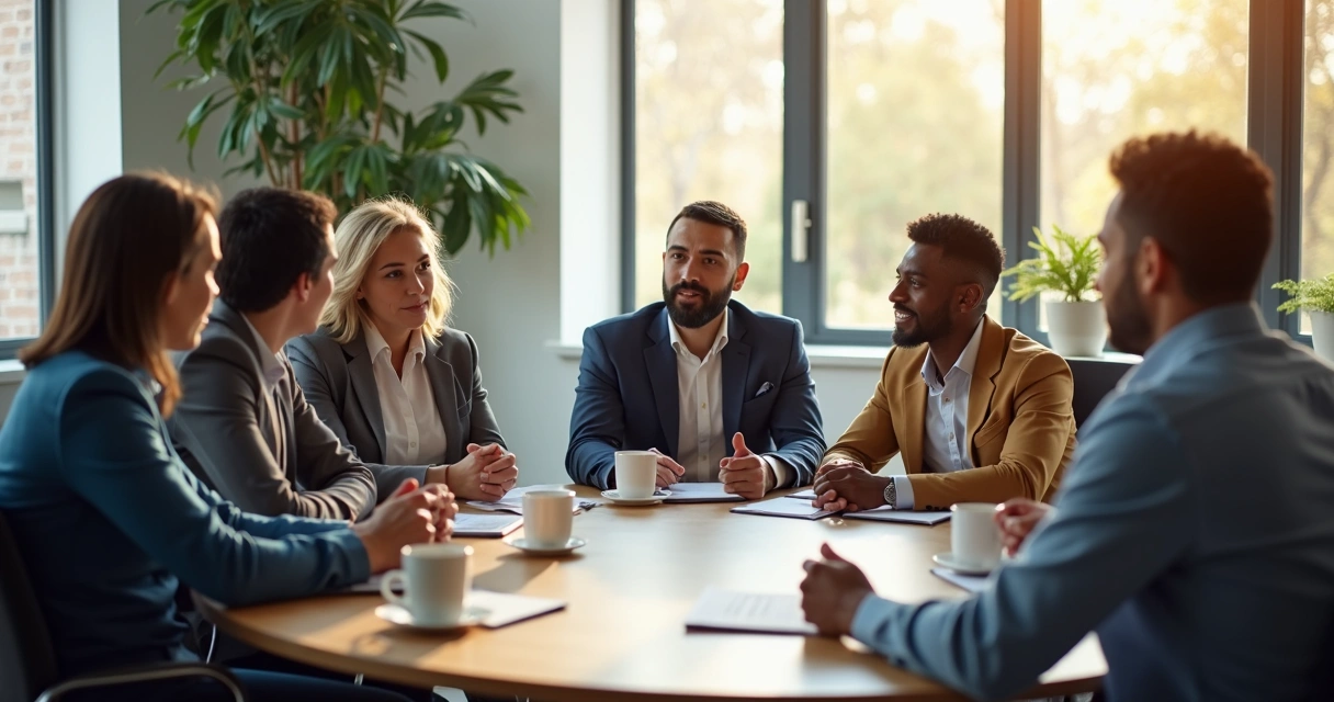 Equipe multicultural em reunião com escuta atenta