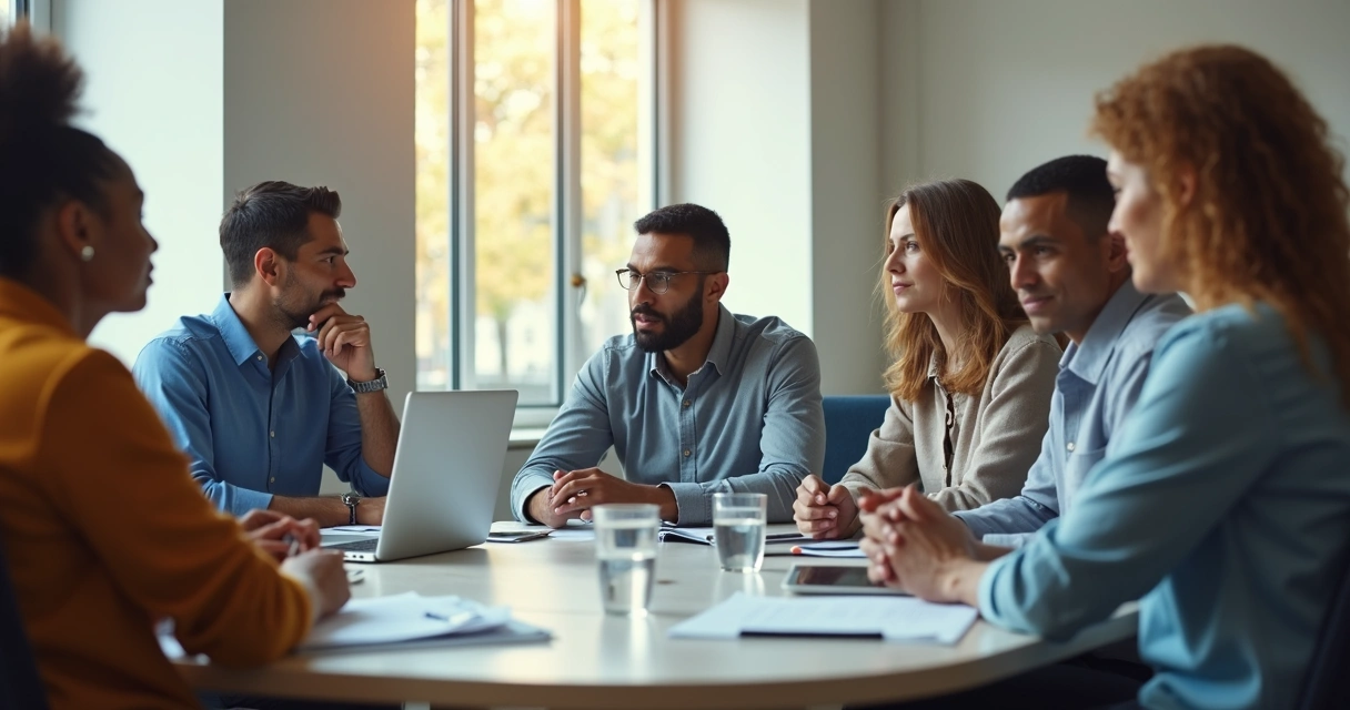 Equipe multicultural em reunião com escuta ativa