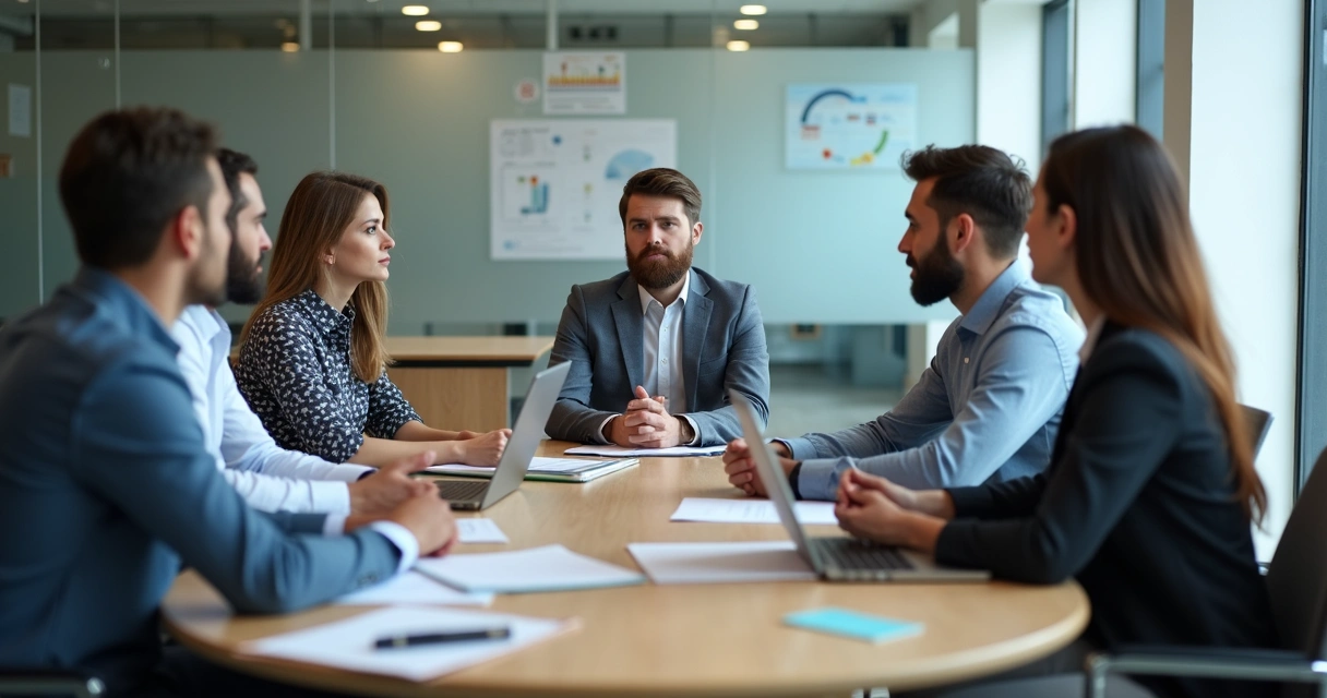 Líder em reunião com equipe multicultural em escritório moderno 