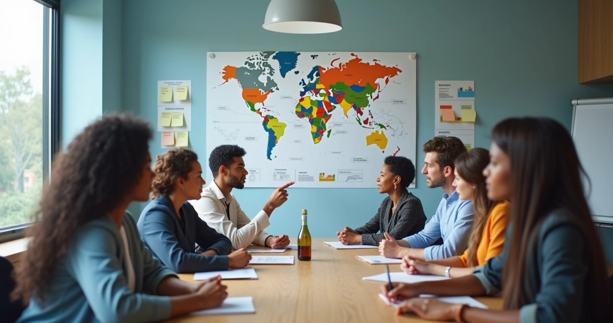 Equipe multicultural em reunião com mapa e notas visuais na parede
