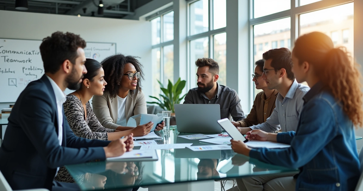 Equipe multicultural em reunião jovem discutindo soft skills em ambiente de escritório de tecnologia