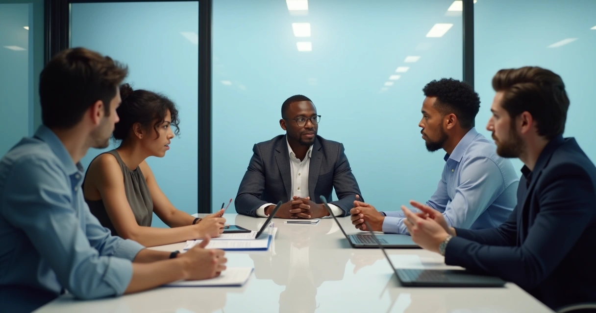 Equipe diversa em reunião com expressões contidas e anotações na mesa