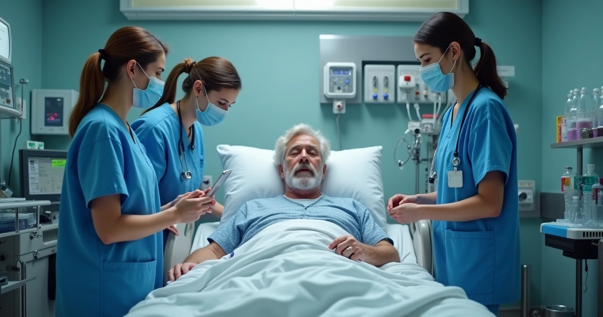 Equipe multiprofissional reunida ao lado de leito discutindo protocolo de sepse