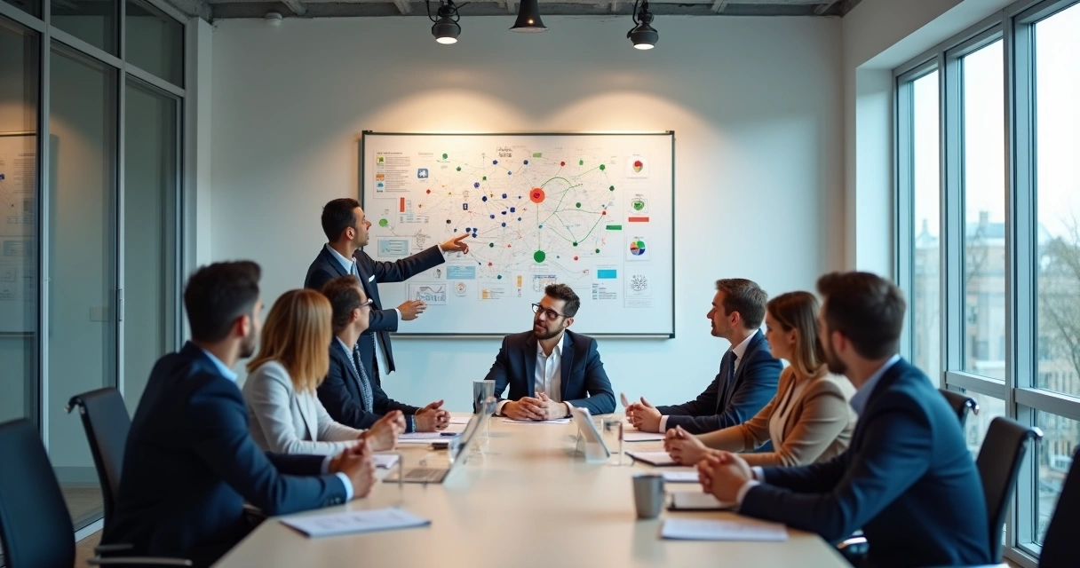 Reunião multidisciplinar em empresa com quadro branco e gráficos