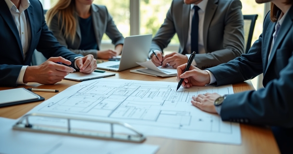 Reunião de especialistas em engenharia e advogados analisando documentos técnicos 