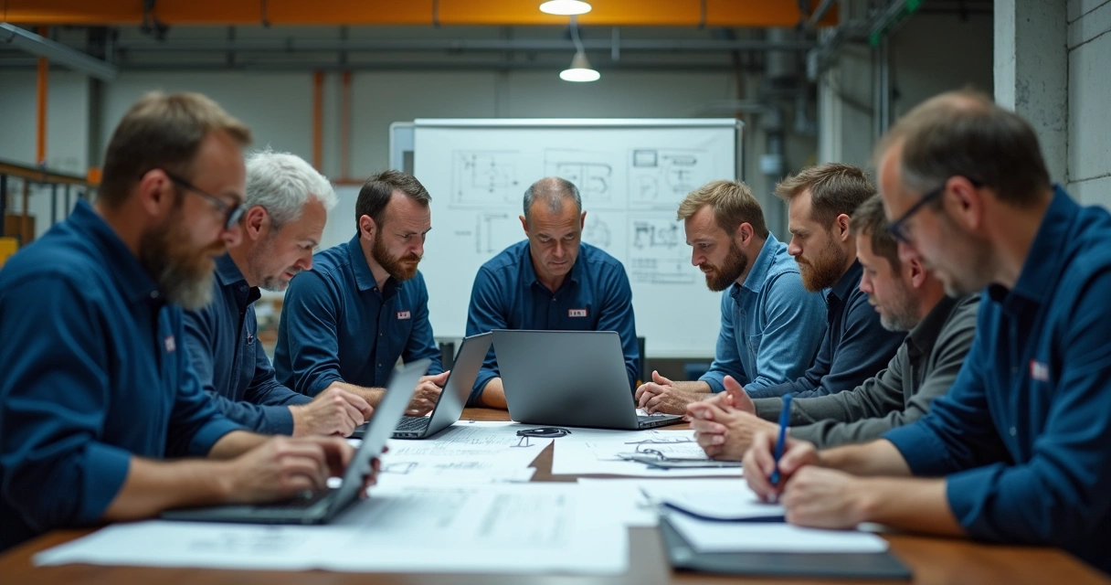 Equipe multidisciplinar reunida em sala de reunião analisando formulários FMEA 