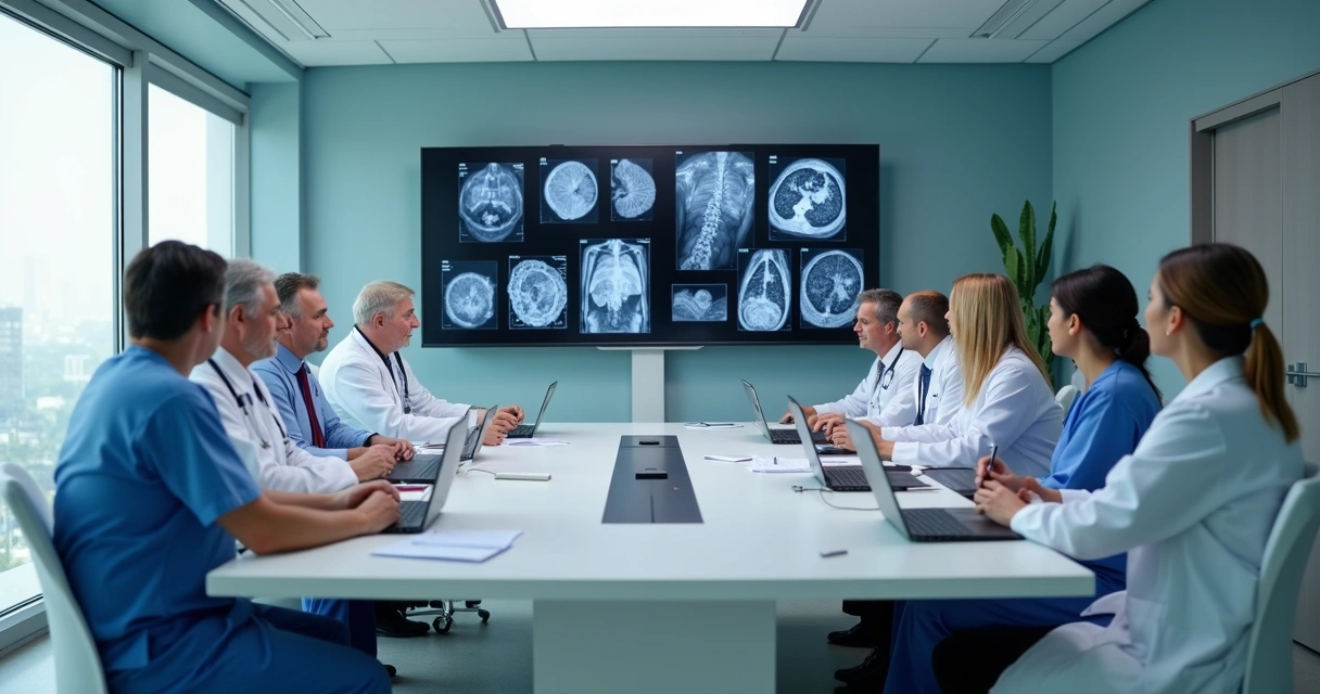 Equipe multidisciplinar reunida em sala moderna discutindo casos oncológicos, com médicos analisando exames em telas digitais 