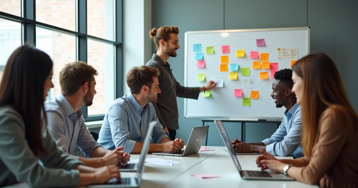 Equipe diversificada reunida em torno de mesa discutindo planejamento ágil 