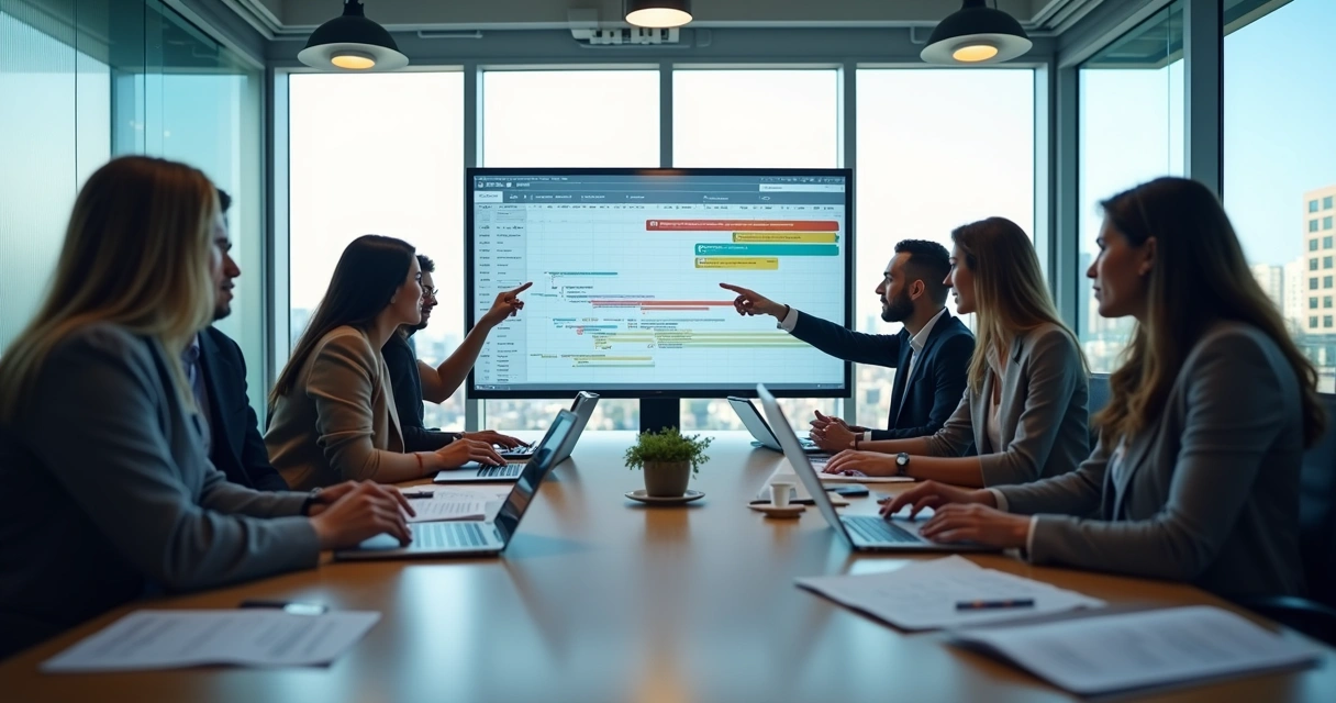 Reunião de equipes de diferentes empresas discutindo cronograma de projeto 