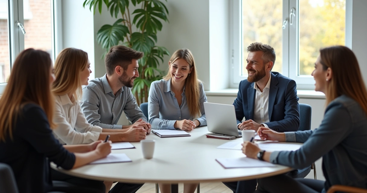 Reunião de pessoas diversas em empresa, sentados ao redor de mesa redonda. 