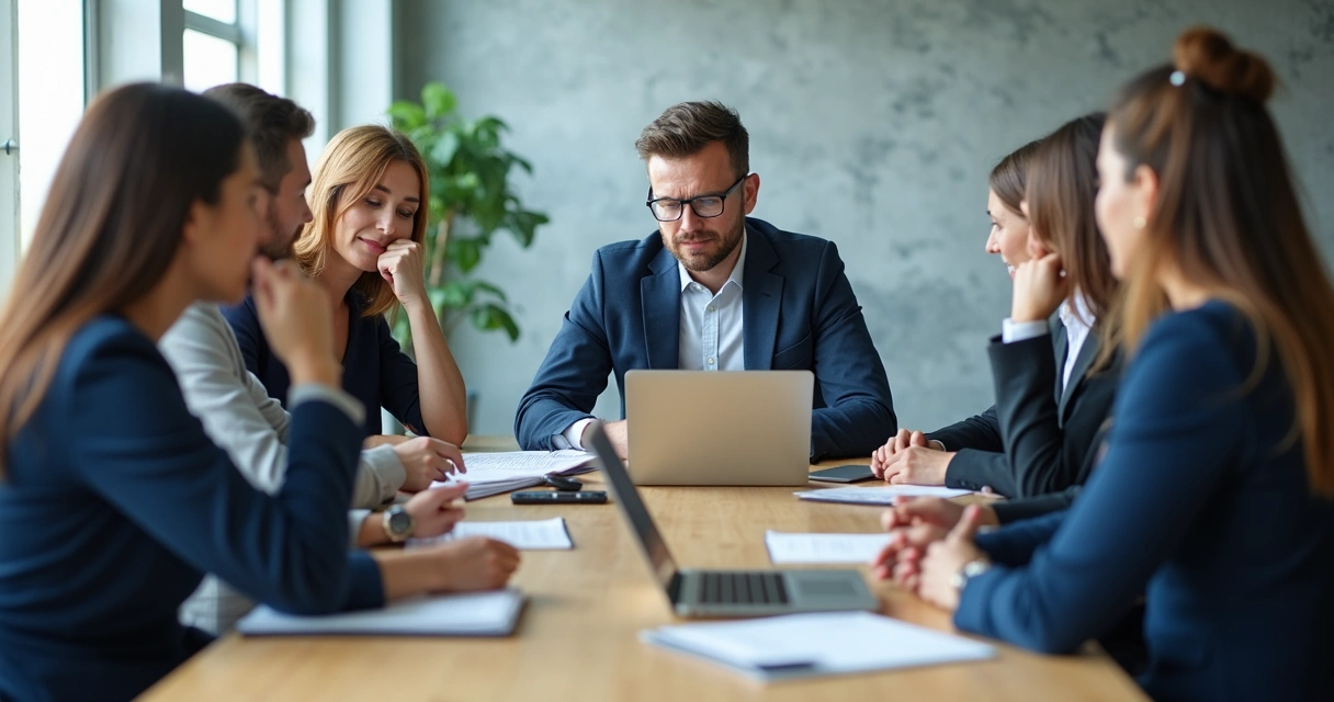 Equipe em reunião multilíngue com sinais de cansaço mental
