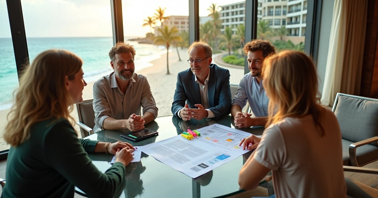 Investidores reunidos discutindo contrato de multipropriedade em resort à beira-mar 