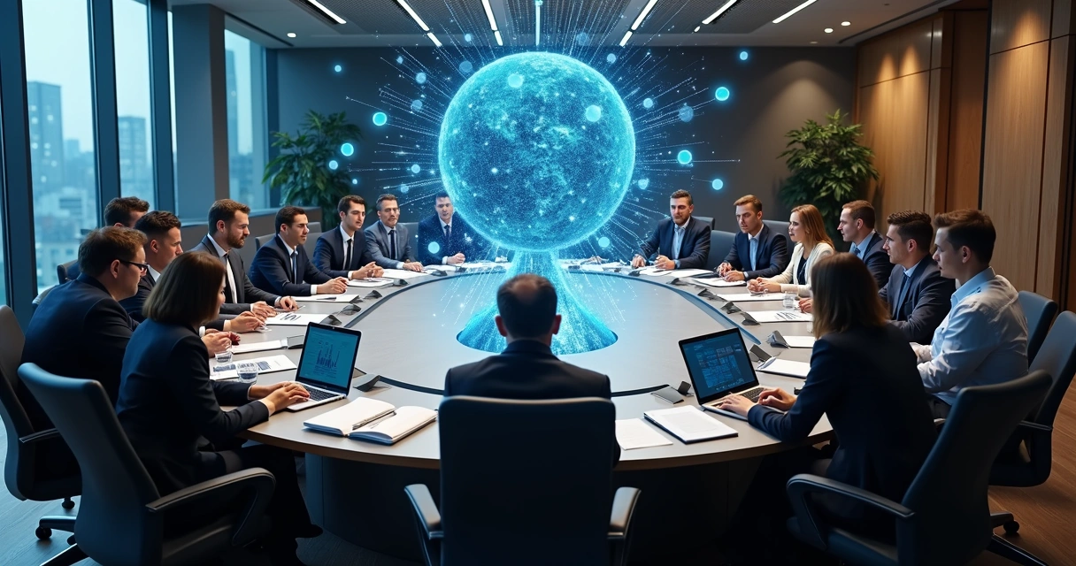 Mesa de reunião com representantes de diversos setores discutindo internet 