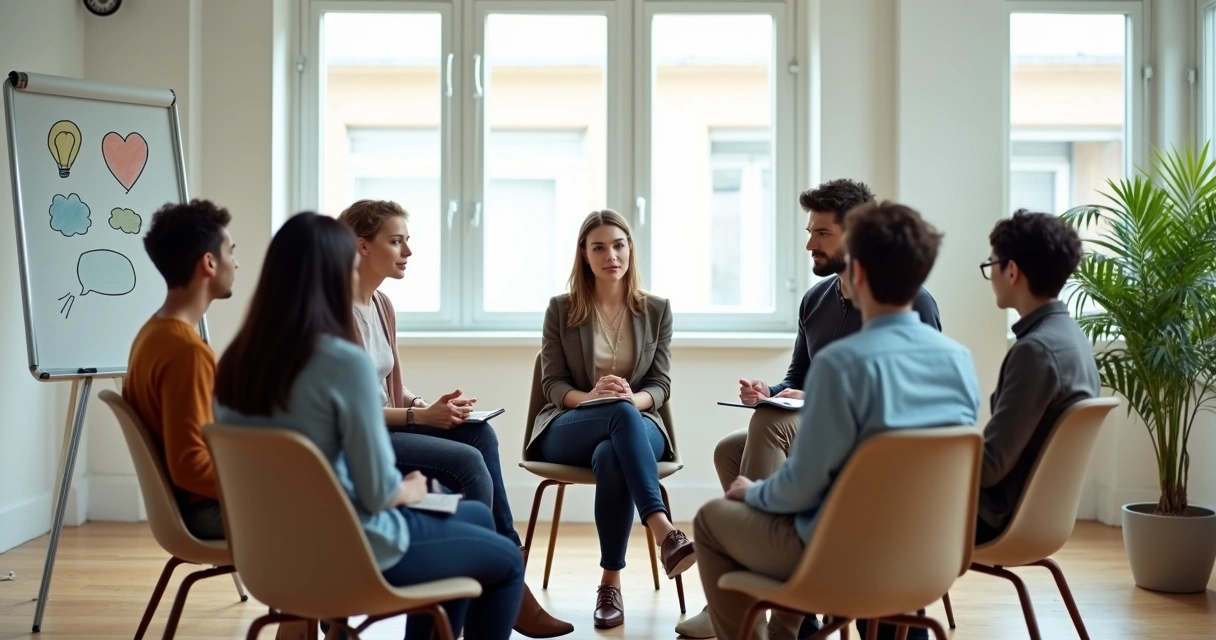 Equipe em reunião em círculo praticando escuta sem julgamento 