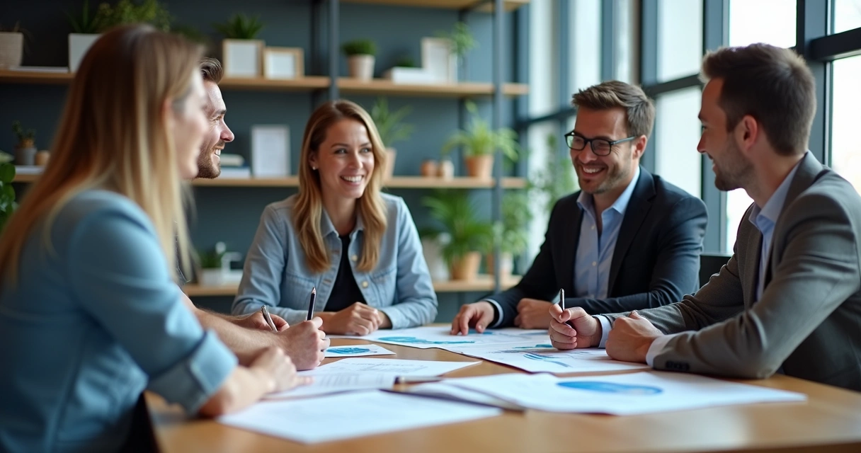 Reunião de negociação entre agência e cliente em mesa de escritório 