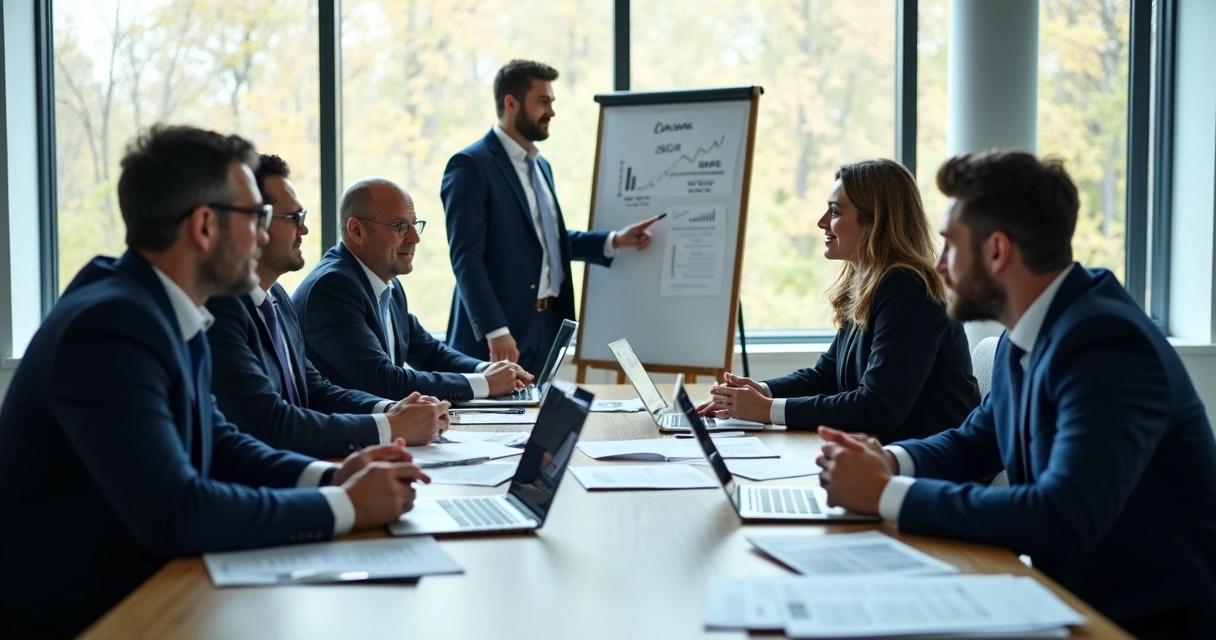 Profissionais em reunião de negociação ao redor de mesa grande 