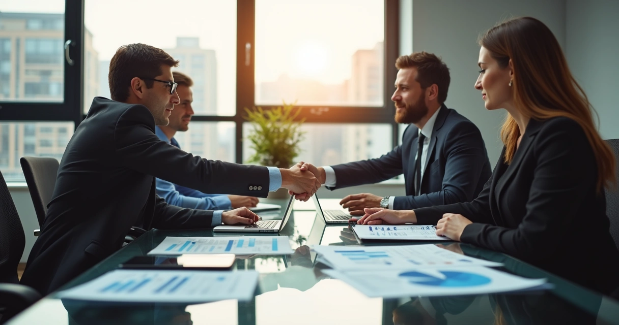 Equipe de vendas em reunião com cliente, trocando contratos e analisando gráficos 