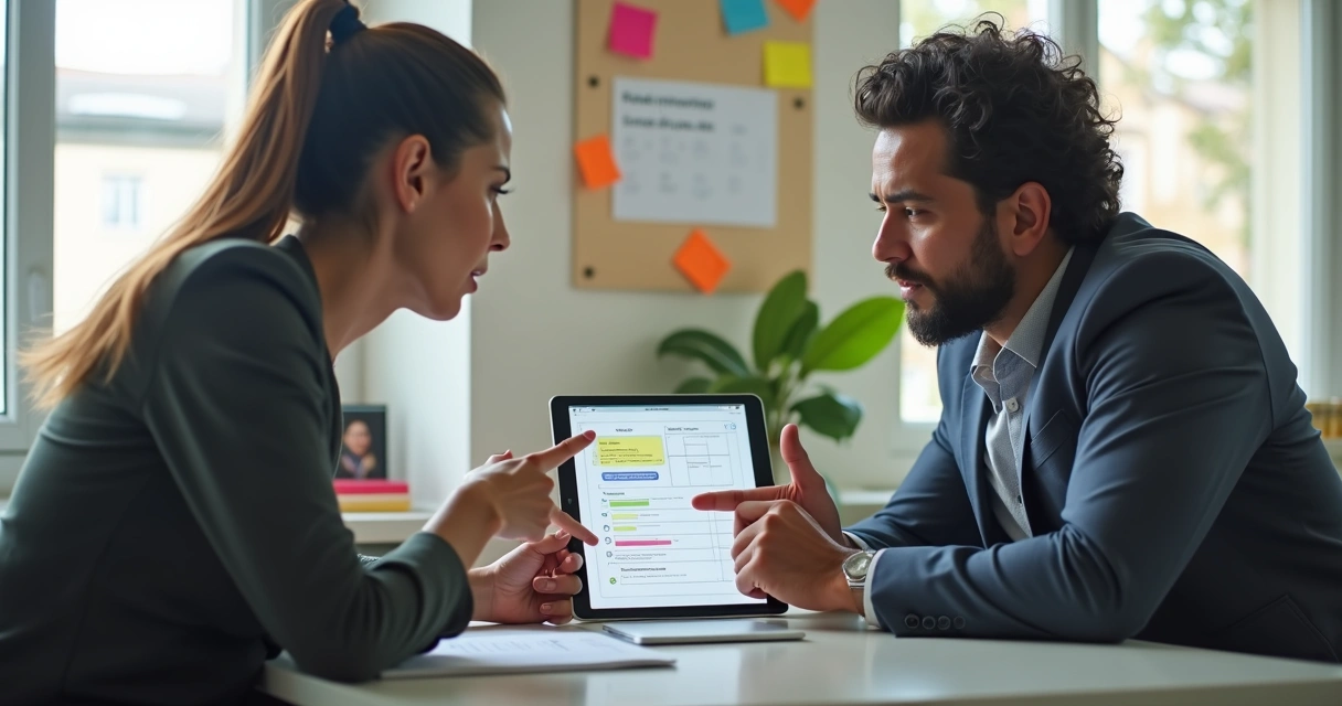 Vendedor e cliente em reunião olhando checklist em tablet 