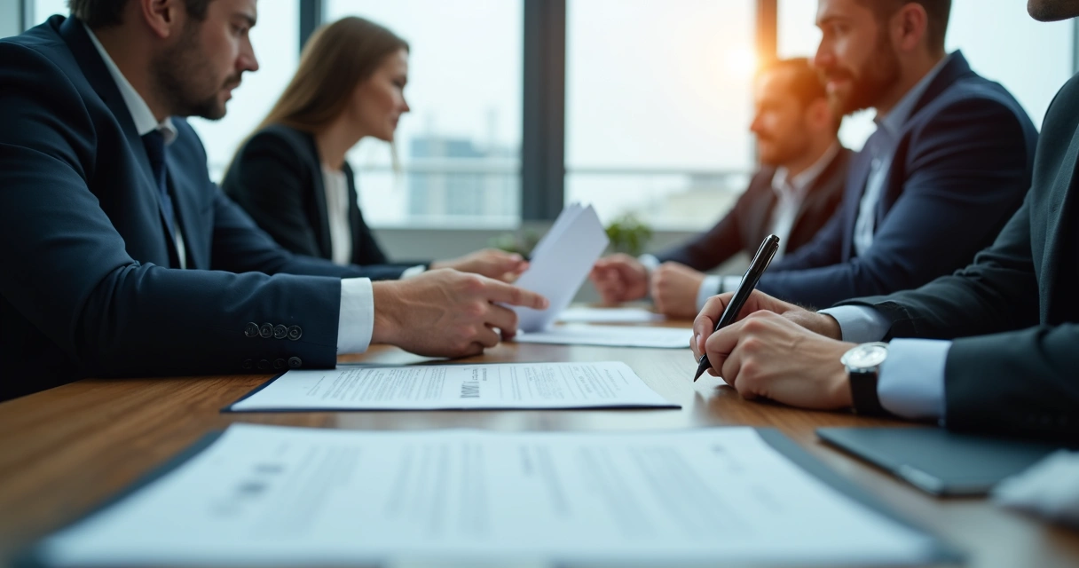 Equipe empresarial negociando contrato em mesa de reunião 