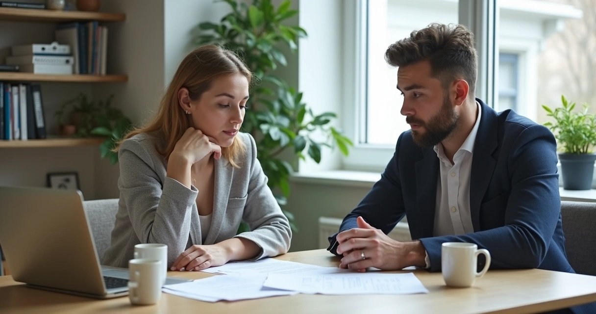 Duas pessoas negociando cláusulas do contrato de aluguel na mesa