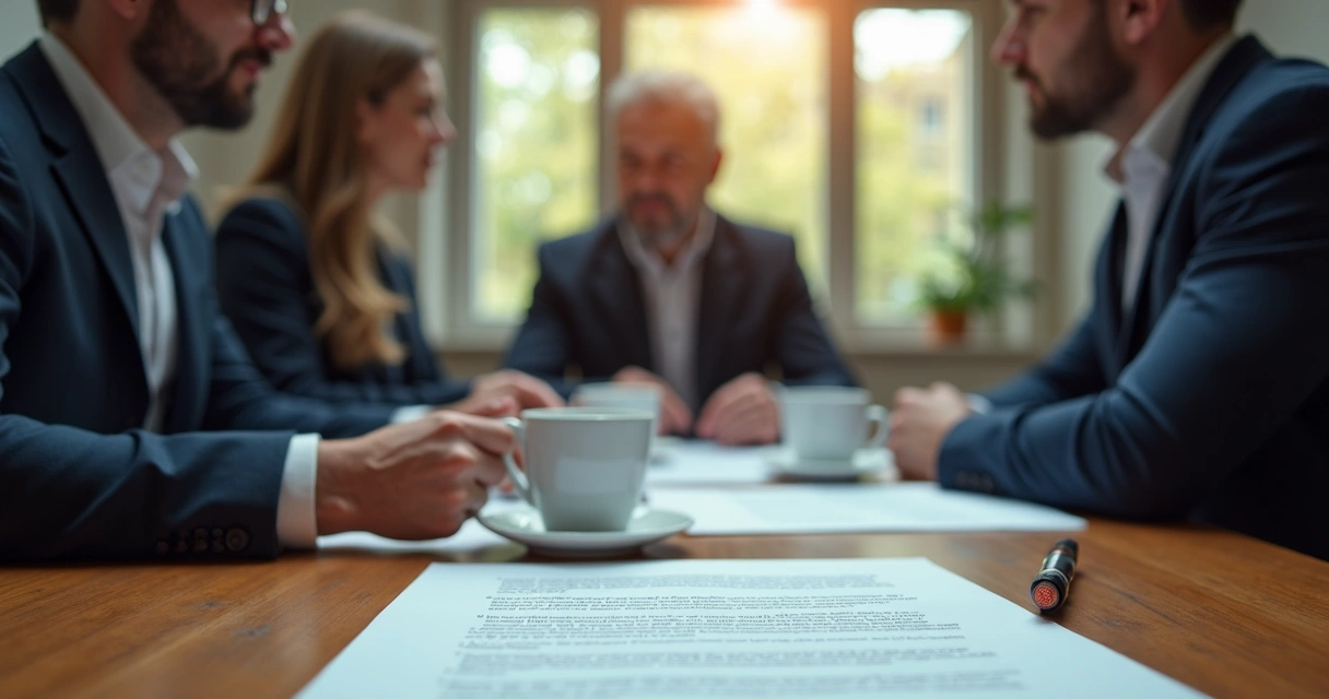 Reunião entre advogado e clientes para renegociar contrato 
