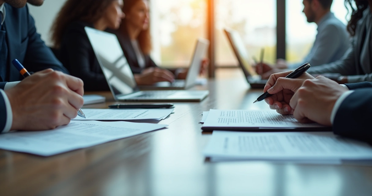 Profissionais discutindo contrato de tecnologia em mesa de escritório 