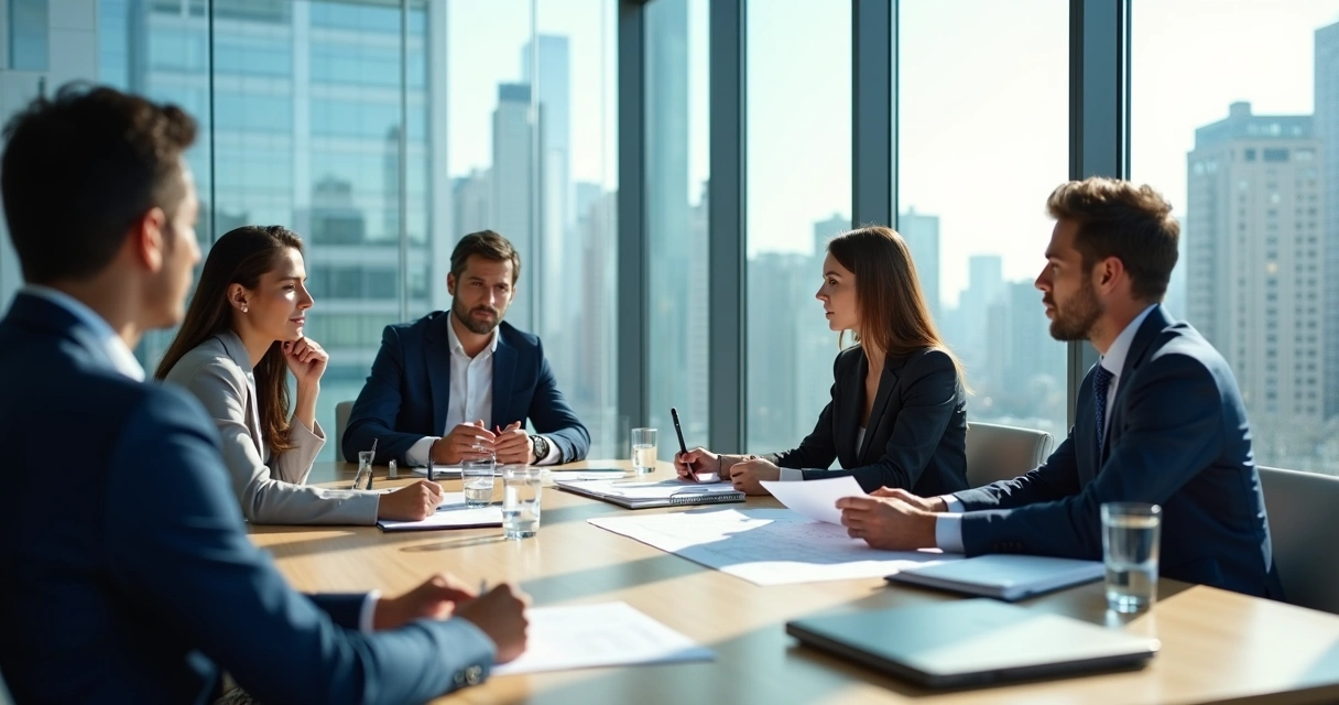 Reunião executiva com pessoas analisando proposta e linguagem corporal