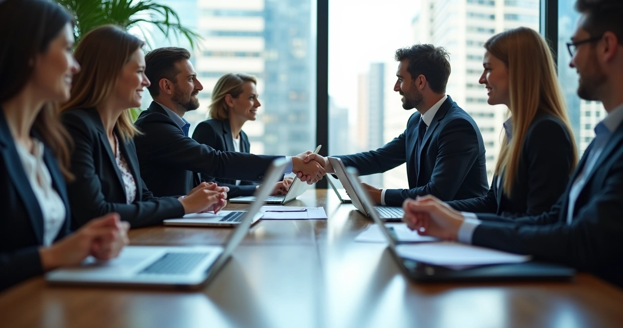 Grupo de pessoas em uma reunião de negócios discutindo cláusulas contratuais